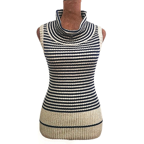 Vintage Sweaters - Vtg 70s CRISSA LINEA‎ ITALIANA Wool Knit Sleeveless Sweater Gold Navy Striped